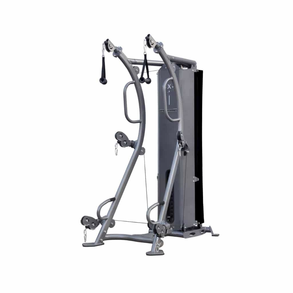 A multifunctional home gym equipment featuring adjustable pulleys and various attachment points for strength training exercises.