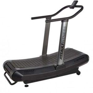 A curved manual treadmill designed for intense workouts, featuring a sturdy frame and a textured running surface for enhanced grip.