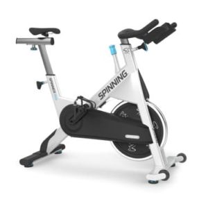 A modern spinning bike with a sleek design, featuring adjustable handlebars and a large flywheel for indoor cycling workouts.