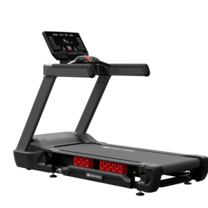 A modern treadmill with a digital display, black frame, and visible red indicators, designed for indoor workouts.