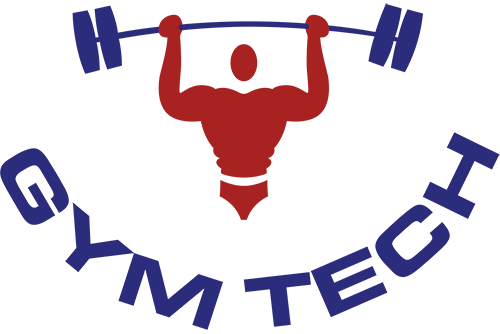A strong figure lifting a barbell with text 'GYM TECH' surrounding it, representing fitness and strength.