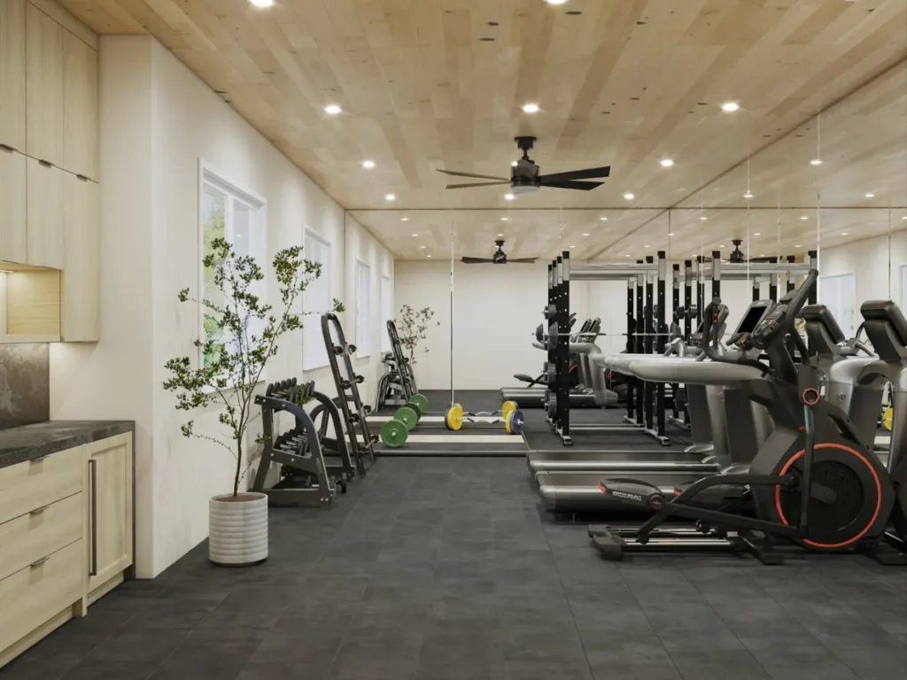 A modern gym featuring multiple exercise machines, plants, and wooden ceilings, illuminated by bright lights.