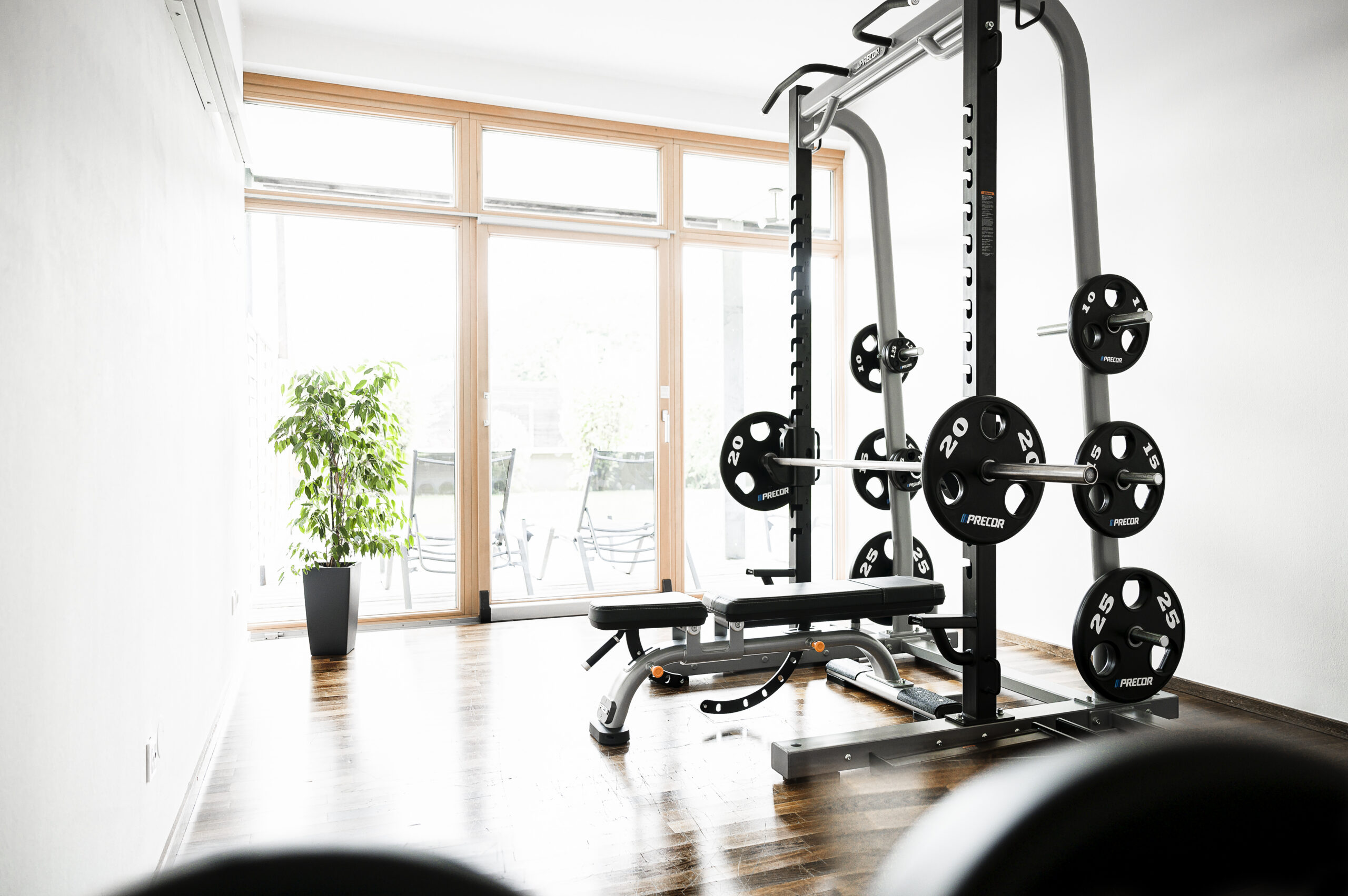 A clean and modern gym with weights and a bench, featuring large windows that let in natural light and a plant in the corner.