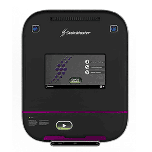 A modern fitness machine with a digital display, designed for stair climbing workouts, featuring a sleek black and purple design.