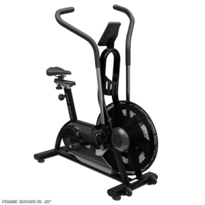 A black and silver air bike designed for cardiovascular workouts, featuring handlebars, a seat, and a large fan for resistance.