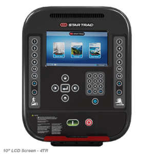 A black exercise machine console featuring a 10-inch LCD screen with various workout options and control buttons.